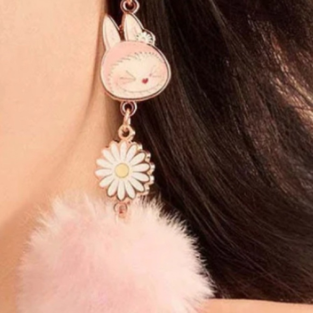 Authentic Pop Mart Labubu Mokoko Warm Fluffy Holiday Pompom Pink Dangly Earrings - Picture 2 of 6
